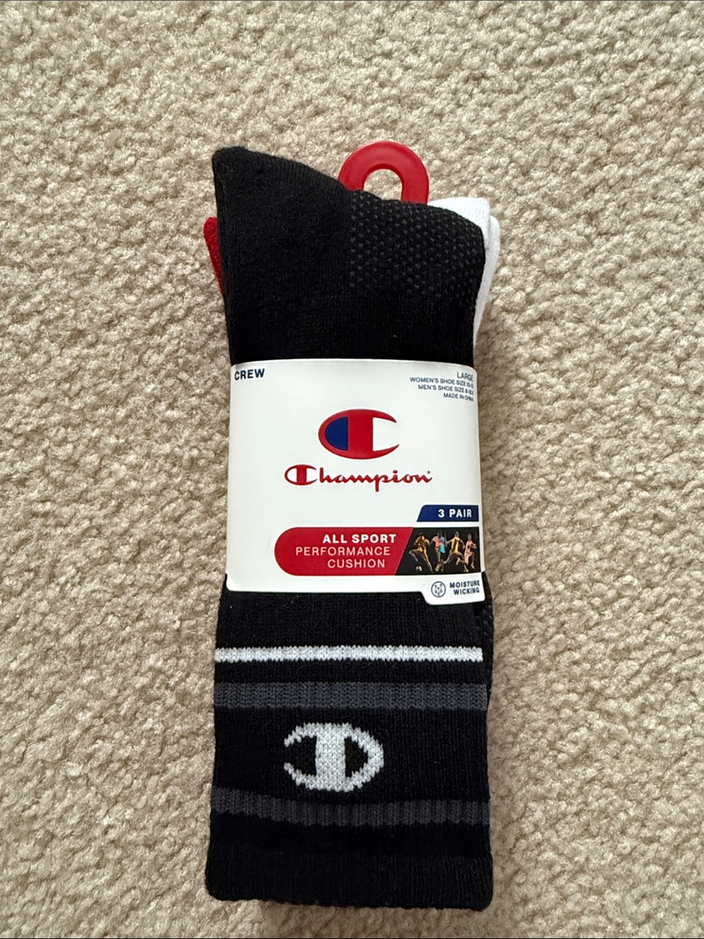 Champion Athletic Crew Socks with Stripes - 3 Pack (white, black and red)